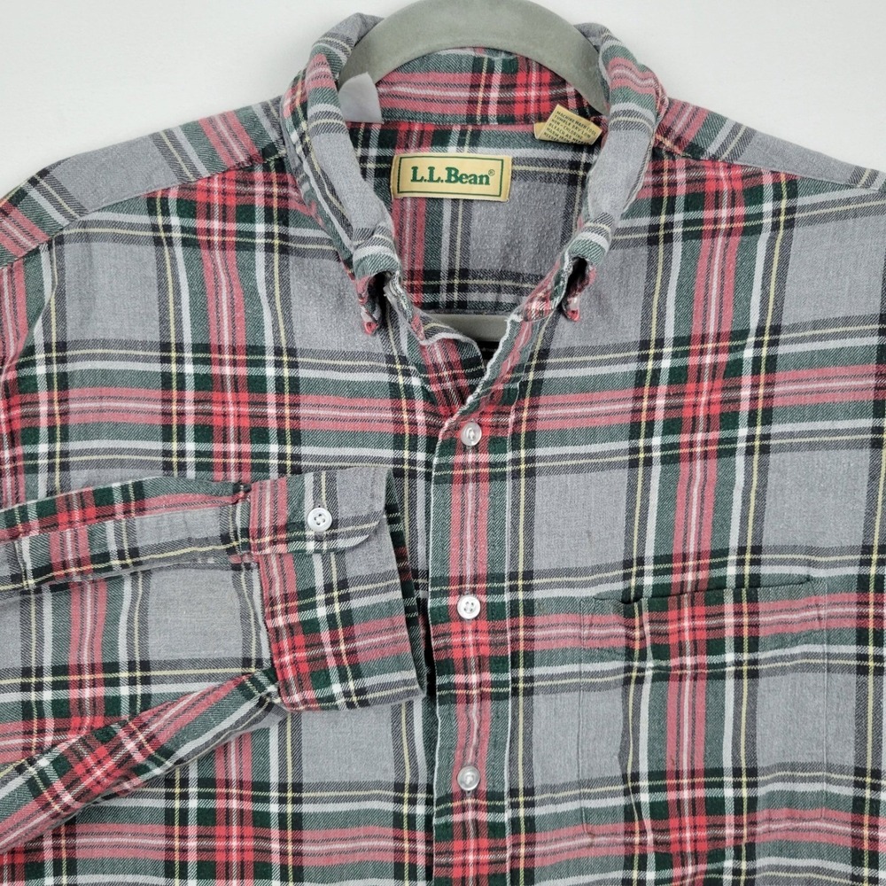 LL Bean Mens L Flannel Shirt Gray Red Plaid Long Sleeve Button Up Casual Y2K Vtg